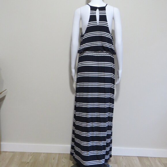 LOFT Striped Maxi Dress SIZE Medium Blue White Stretch Keyhole Button - Picture 5 of 9